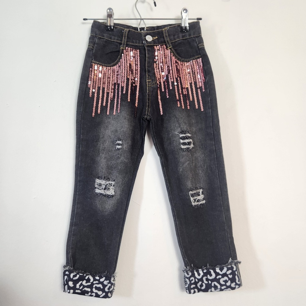 Y2K Dark Distressed Jeans Pink Sequin Cuffed Cropped Straight Leg Capri Pants L